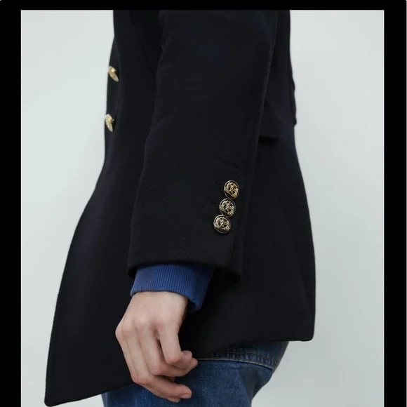 Zara gold buttons wool Italian mantengo wool black coat - Picture 8 of 11